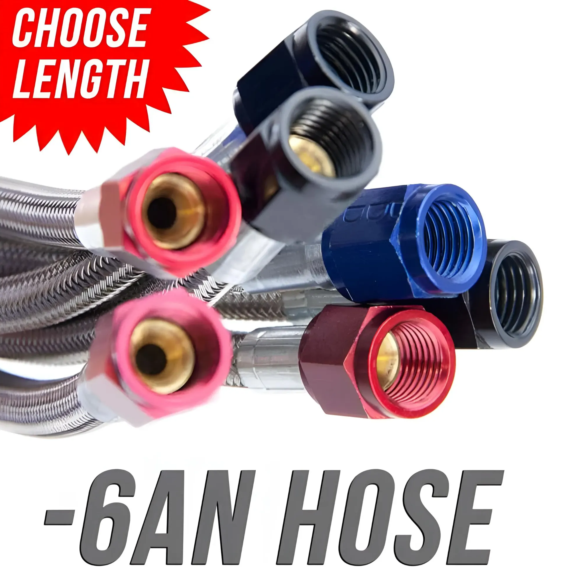 Nitrous Outlet 60" 6AN Stainless Braided Hose (Red B-Nuts)